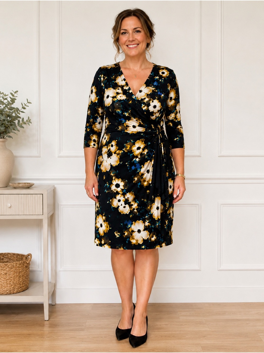NWT Lauren Ralph Lauren Floral Faux Wrap Dress Size 18 Black Multi Wedding Guest